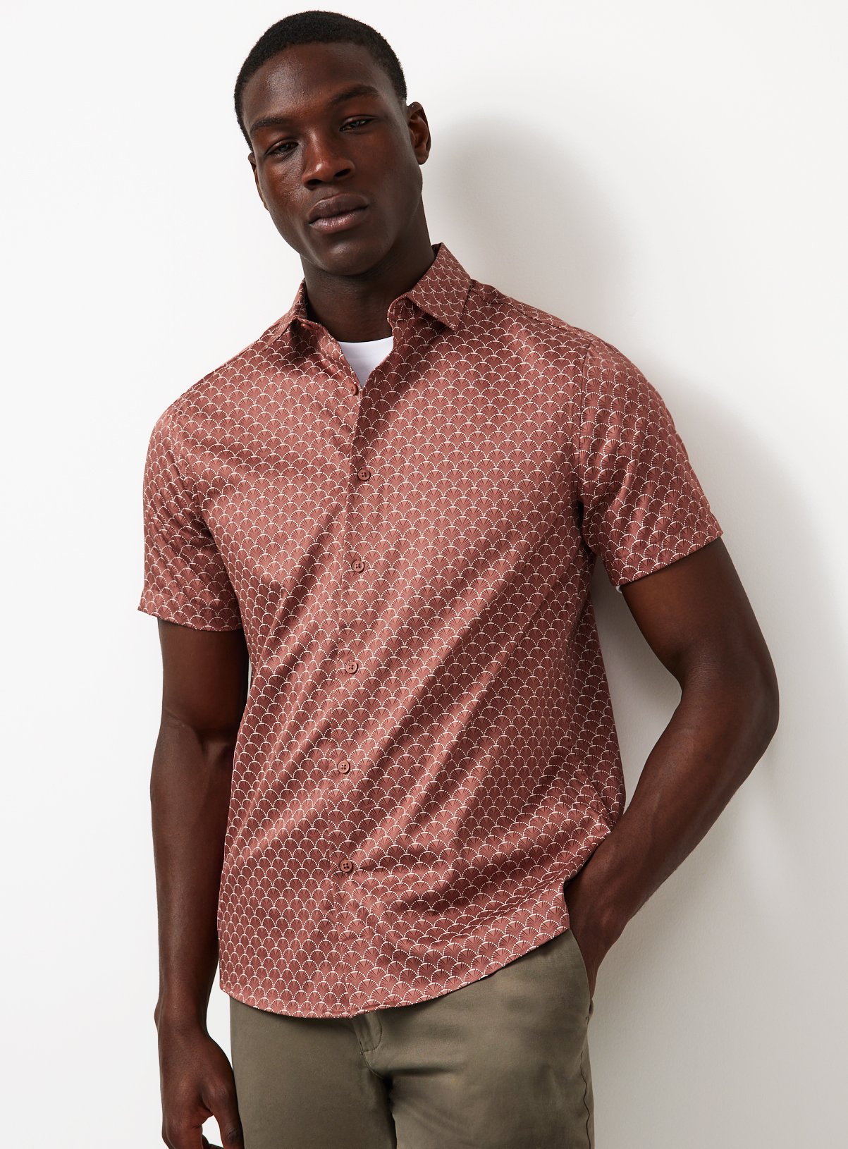 Dark Pink Geometric Print Satin Short Sleeve Shirt XL - Image 1 thumbnail
